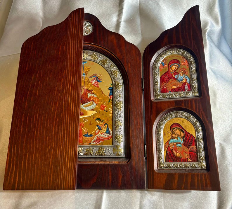 Christian Iconostasis with Virgin Mary, Orthodox icon, Handmade icon on natural wood, orthodox icon, wood icons, Orthodox gifts, Triptych
