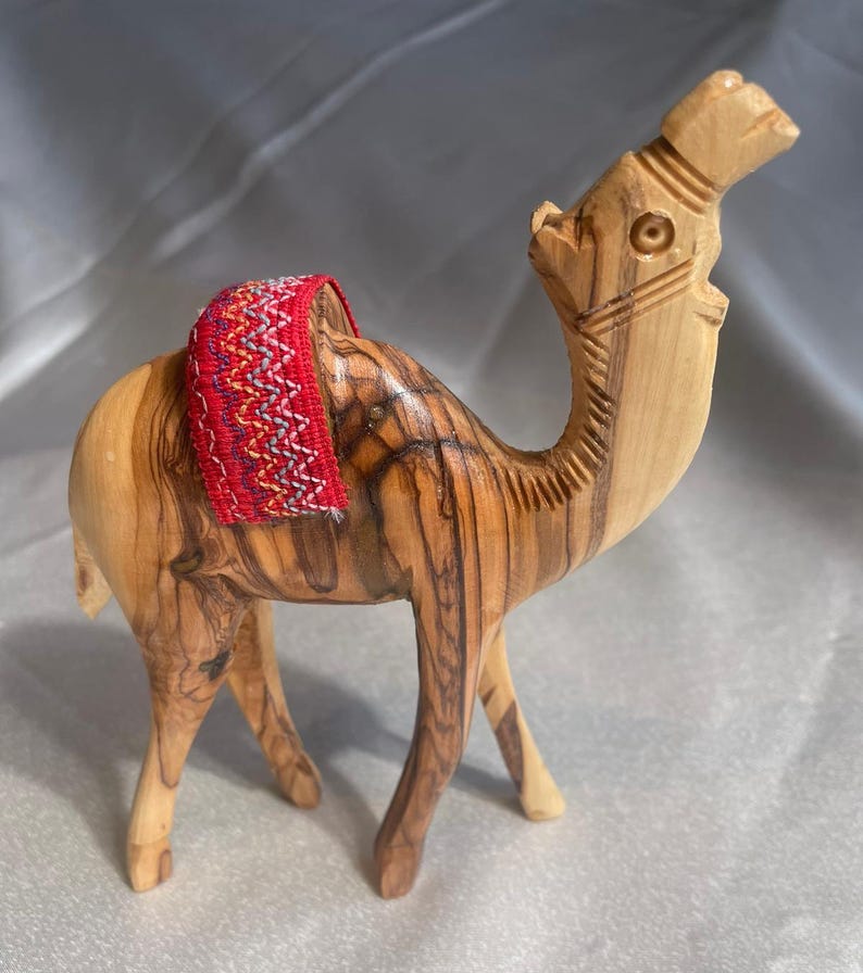 Olive Wood camel, Authentic olive wood camel with red saddle hand made in Bethlehem holy land, Handmade olive wood, Olive Wood arts