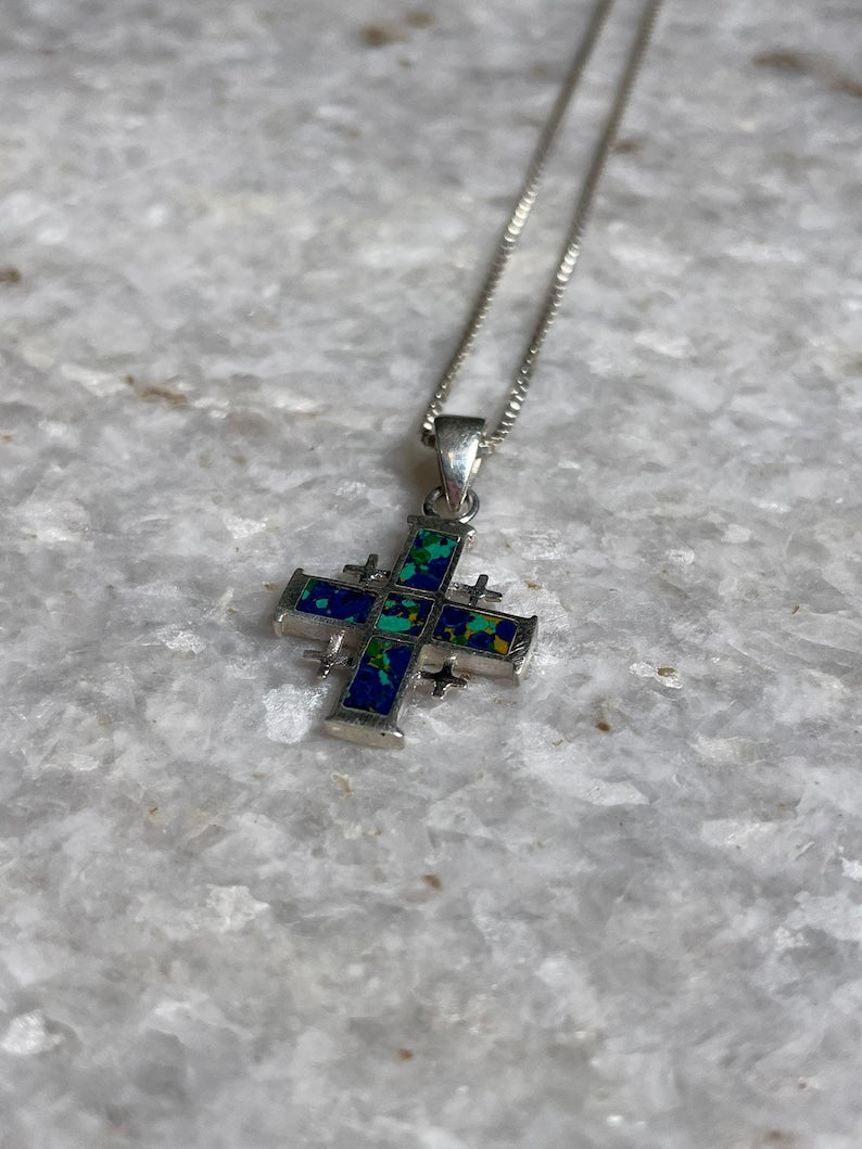 Jerusalem Cross Necklace, Eilat Stone Jewelry, 925 silver, Silver Cross Necklace, Christian gift, Religious Gift, gift for her, gift for him