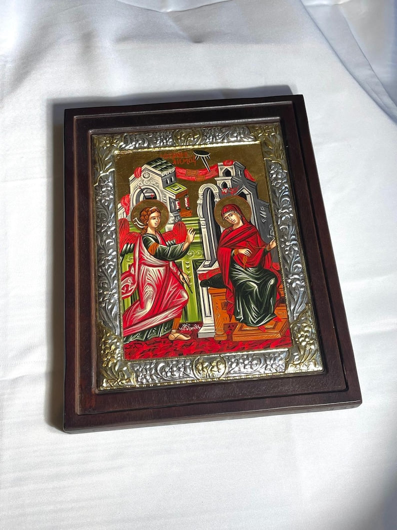 The Significance of the Annunciation of the Blessed Virgin Mary, hand painted icon, Handmade icon on natural wood, Christian wood icons
