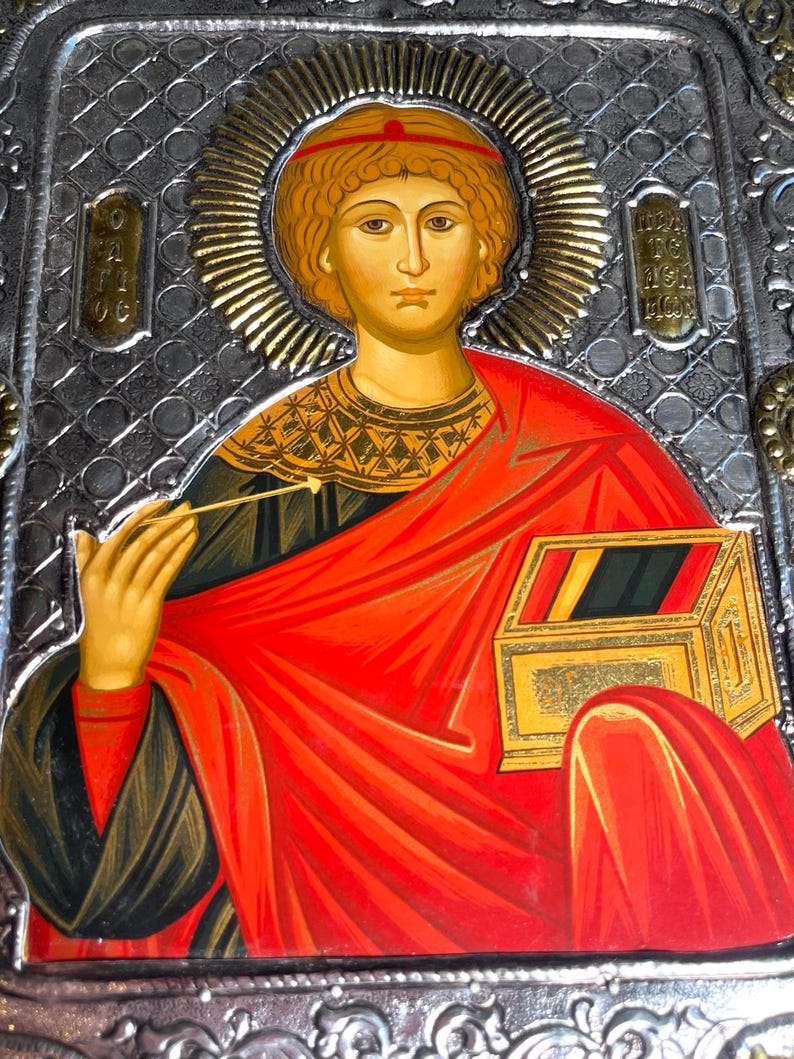Saint Panteleimon icon, Handmade icon on natural wood, Christmas Gift, christian gift, Christian wood icons handmade, gold and silver icon