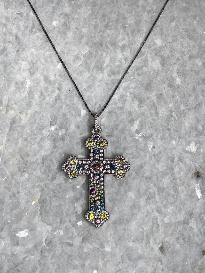 Diamonds and Sapphire Cross necklace, 14K gold, cross jewelry, christian gift, Baptism Gift, Sapphire Cross Necklace, Diamond Cross Necklace