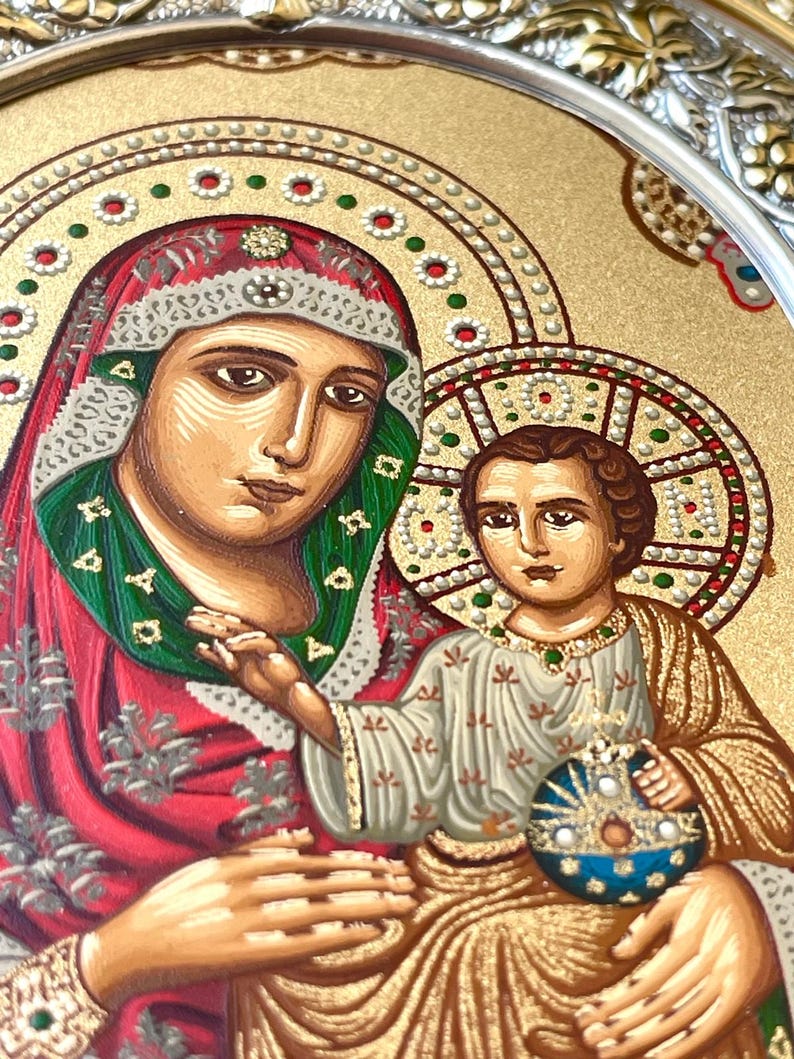 Virgin Mary of Passion, Orthodox icon, Handmade golden icon on natural wood, Christmas Gift, christian gift, birthday, handmade, child jesus