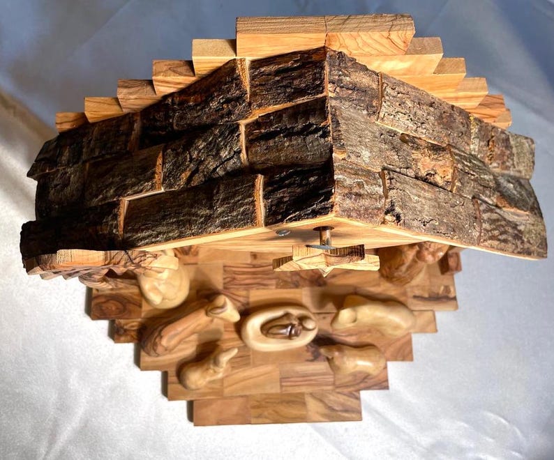 Nativity Scene In Cave Made of Olive Wood with Music Box, Hand Carved, Handmade olive wood, Christmas Decor, Gift for Christmas, music box