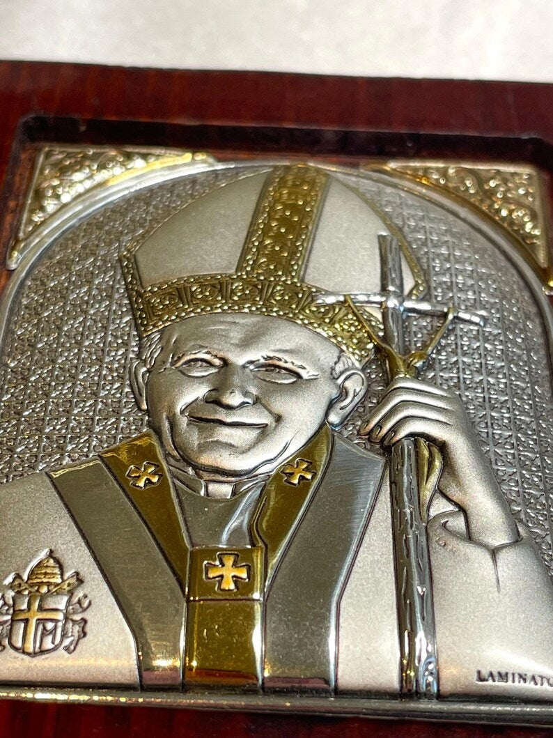 Laminated Metal Artwork of Pope John Paul II, Handmade icon on natural wood, Christmas Gift, christian gift, Christian wood icons, Plaque
