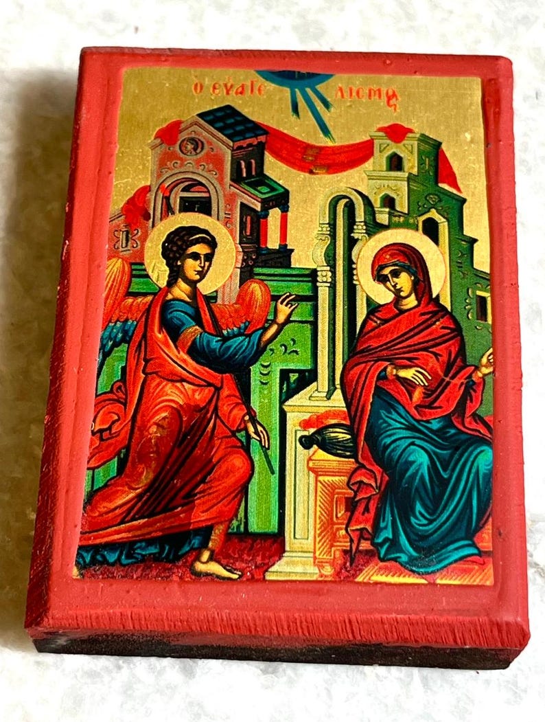 Set of 2 Icons The Significance of The Annunciation and The Holy Family, Orthodox icon, Handmade icon natural wood, wood icons, small icon