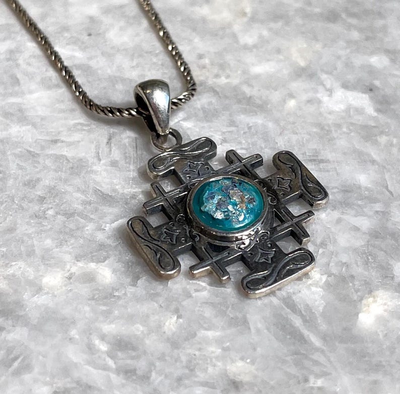 Jerusalem Cross Pendant roman glass, 925 silver, christian gift, Cross pendant, Cross necklace, Roman necklace , Unisex jewelry , Cross