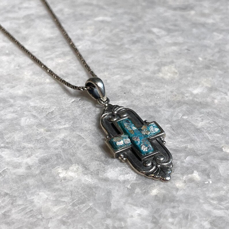 Cross Pendant with roman glass, 925 silver, christian gift, cross pendant, cross necklace, roman glass necklace, birthday unisex jewelry