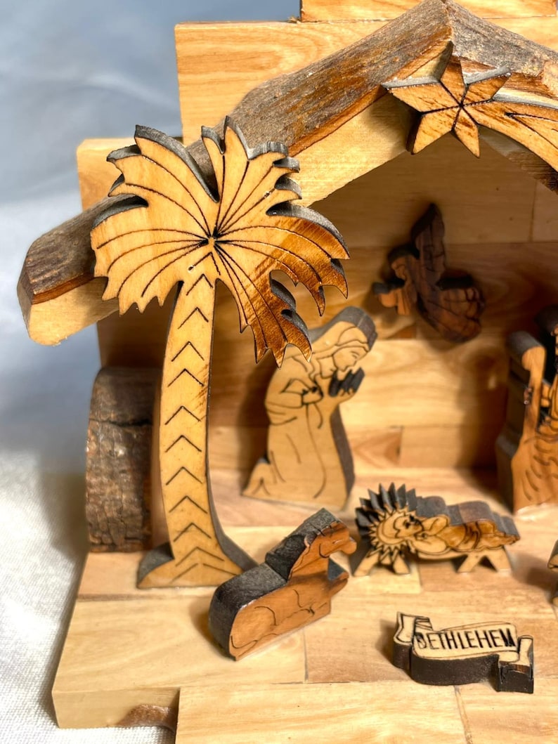 Nativity Scene In Cave Made of Olive Wood in Israel, Hand Carved, Handmade olive wood, Christmas Decor, Gift for Christmas, holyland gift
