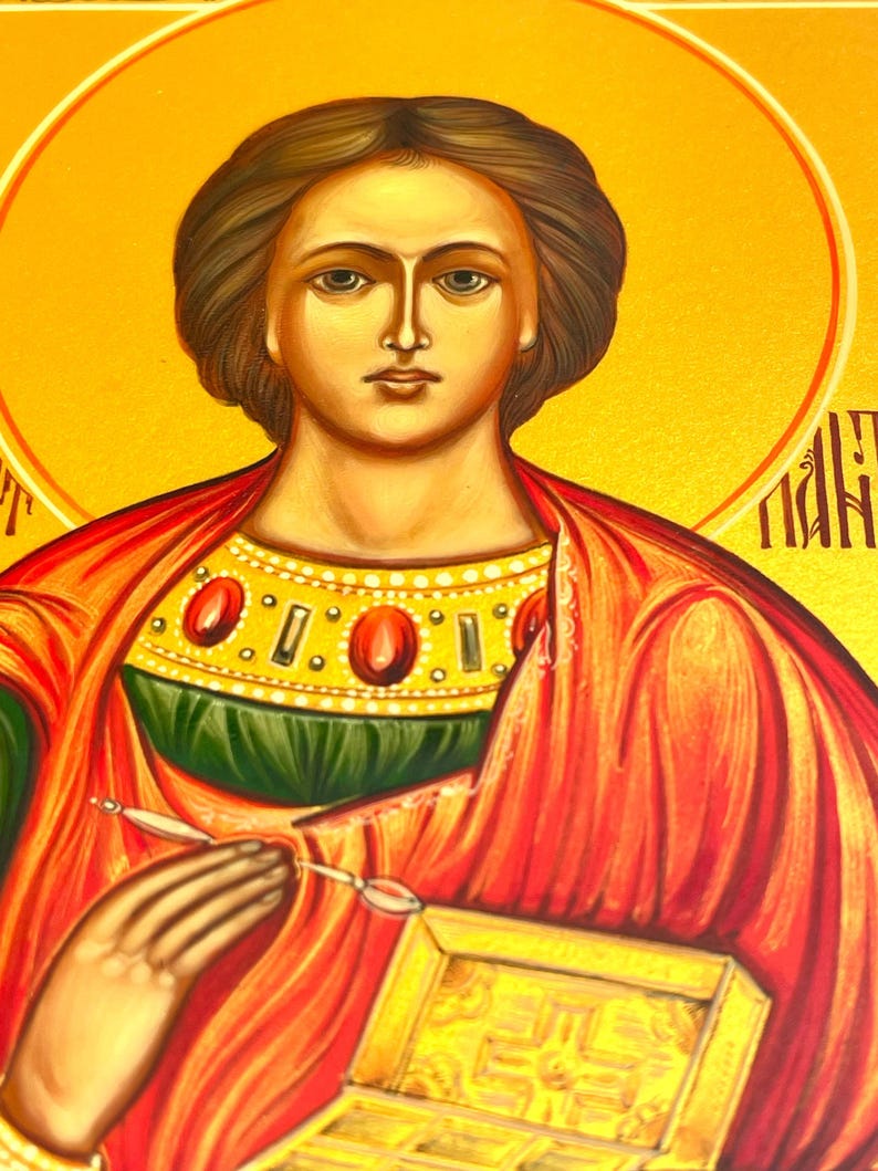 Hand Crafted Orthodox Icon of Saint Panteleimon , Healing and Protection ,Orthodox icon, Handmade icon on natural wood, Christmas Gift