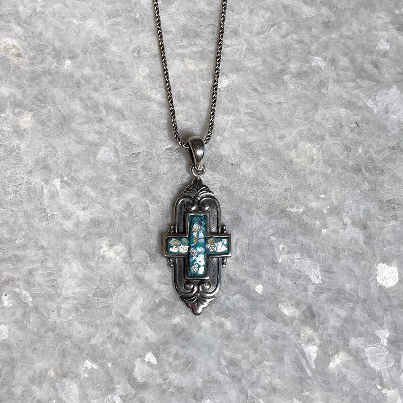 Cross Pendant with roman glass, 925 silver, christian gift, cross pendant, cross necklace, roman glass necklace, birthday unisex jewelry