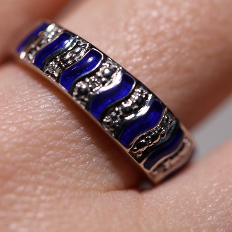 14K White Gold Wave Ring with Blue Enamel , Natural Diamonds , Elegant Jewelry , Gold Ring , Christmas gift, Fine jewelry, Unissex , Blue