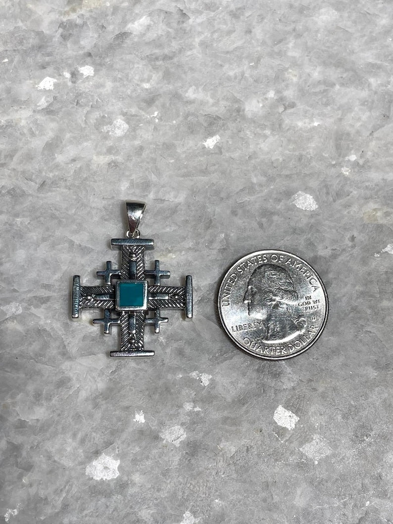 Jerusalem Cross Necklace With Eilat Stone, 925 silver, Silver Cross Necklace, Christian gift, Religious Gift, uniqe cross jewelry