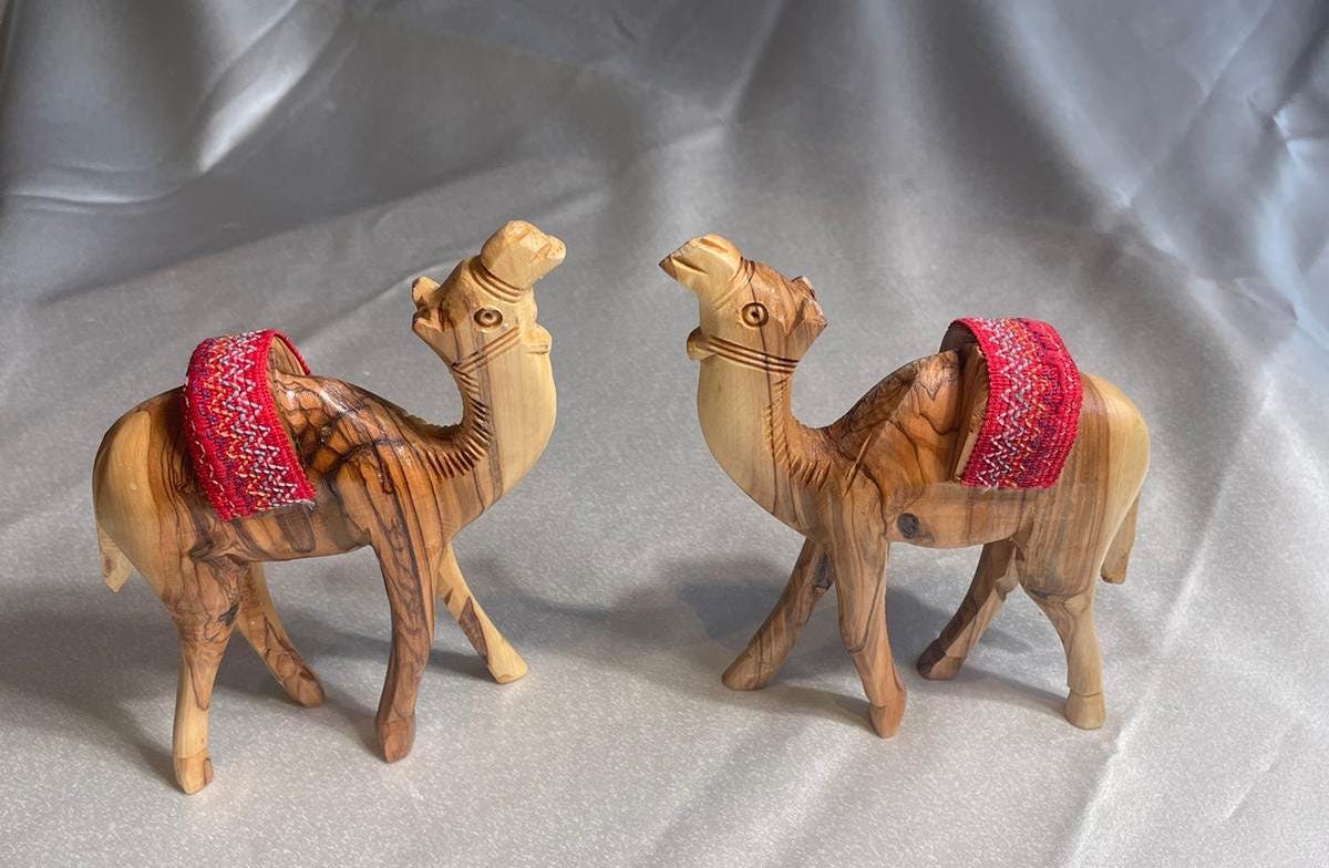 Olive Wood camel, Authentic olive wood camel with red saddle hand made in Bethlehem holy land, Handmade olive wood, Olive Wood arts