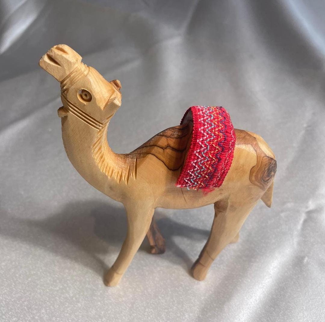 Olive Wood camel, Authentic olive wood camel with red saddle hand made in Bethlehem holy land, Handmade olive wood, Olive Wood arts
