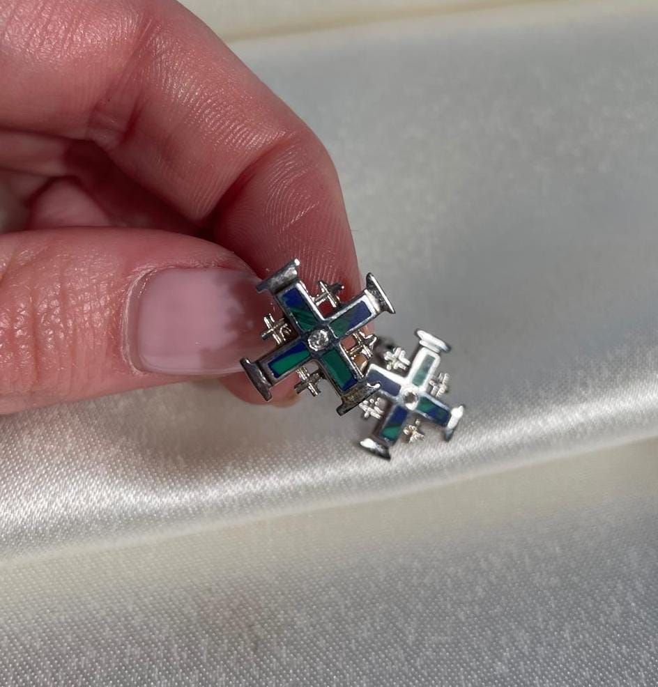 Jerusalem Cross Earrings With Eilat Stone and diamonds, 14K gold, Christmas gifts, cross earrings, eilat stone jewelry, natural Eilat stone