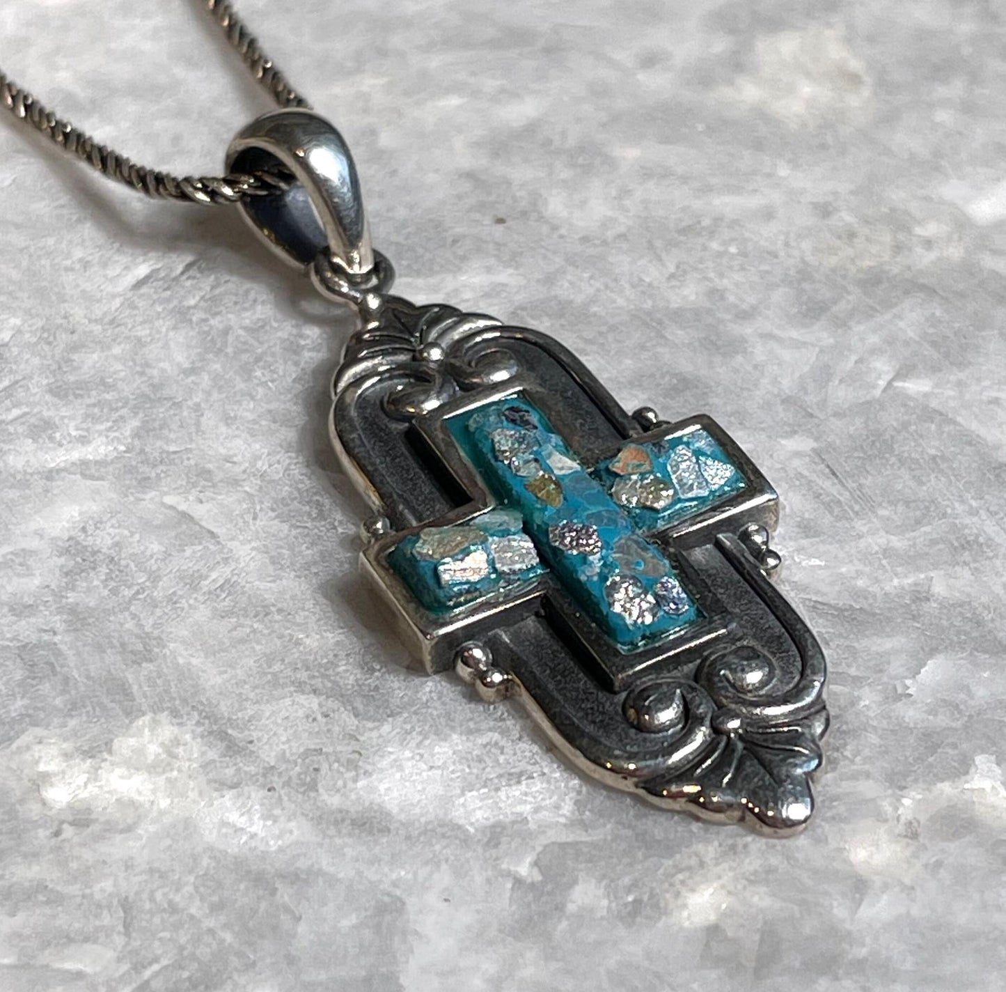 Cross Pendant with roman glass, 925 silver, christian gift, cross pendant, cross necklace, roman glass necklace, birthday unisex jewelry