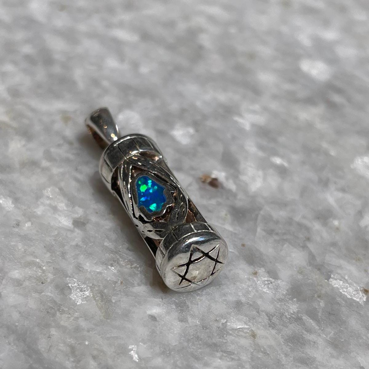 Sterling Silver Mezuzah Pendant with Blue Opal and Star of David Design , opal necklace, jewish jewelry, bat mitzvah gift, silver necklace