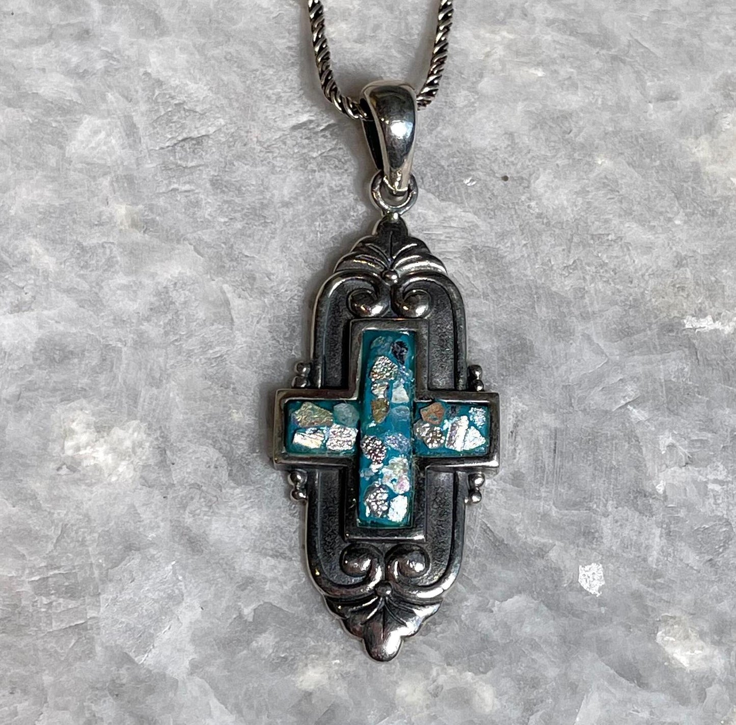 Cross Pendant with roman glass, 925 silver, christian gift, cross pendant, cross necklace, roman glass necklace, birthday unisex jewelry