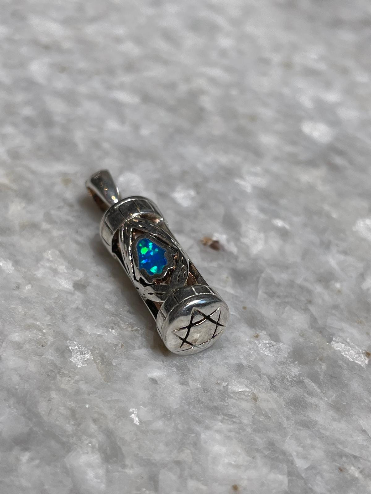 Sterling Silver Mezuzah Pendant with Blue Opal and Star of David Design , opal necklace, jewish jewelry, bat mitzvah gift, silver necklace