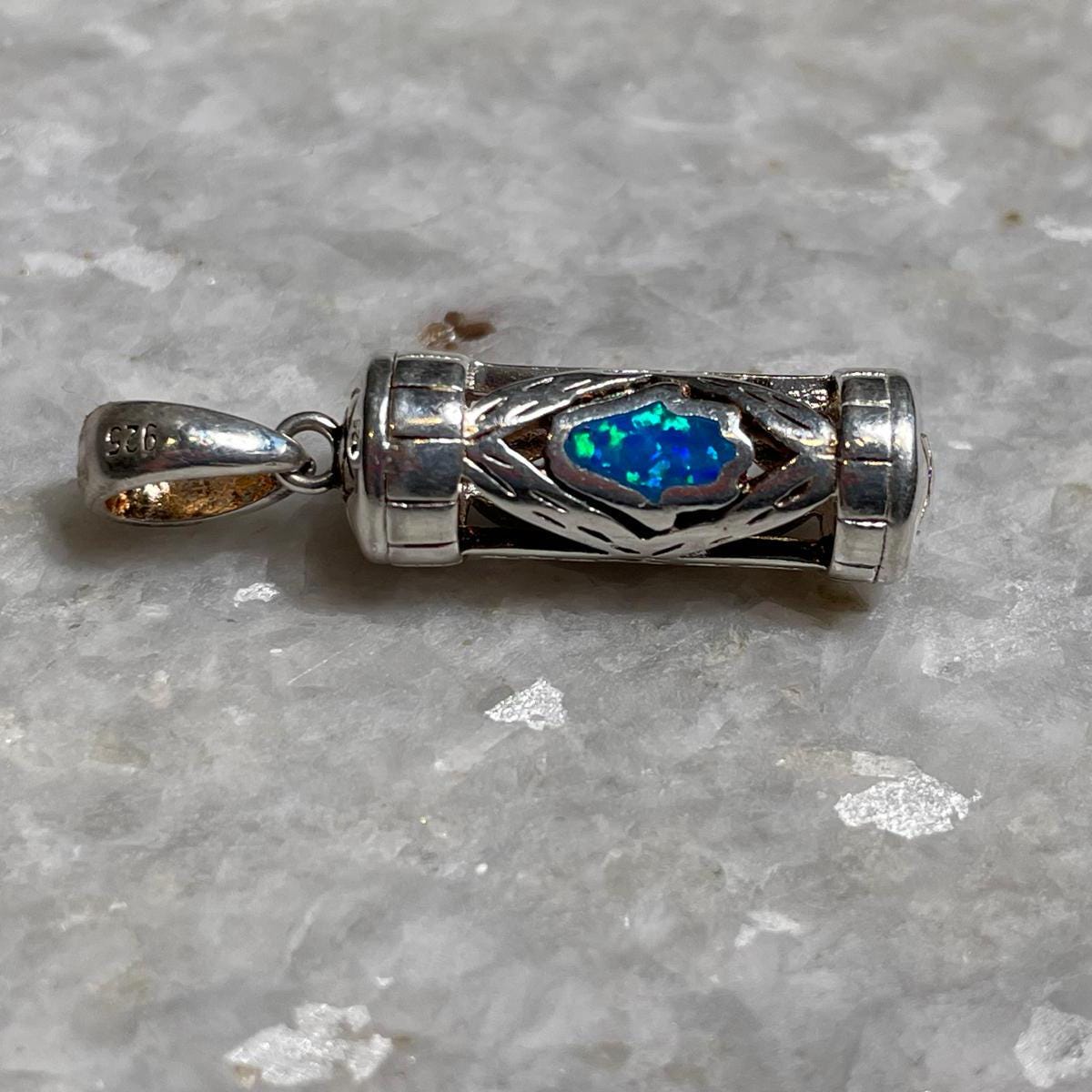 Sterling Silver Mezuzah Pendant with Blue Opal and Star of David Design , opal necklace, jewish jewelry, bat mitzvah gift, silver necklace