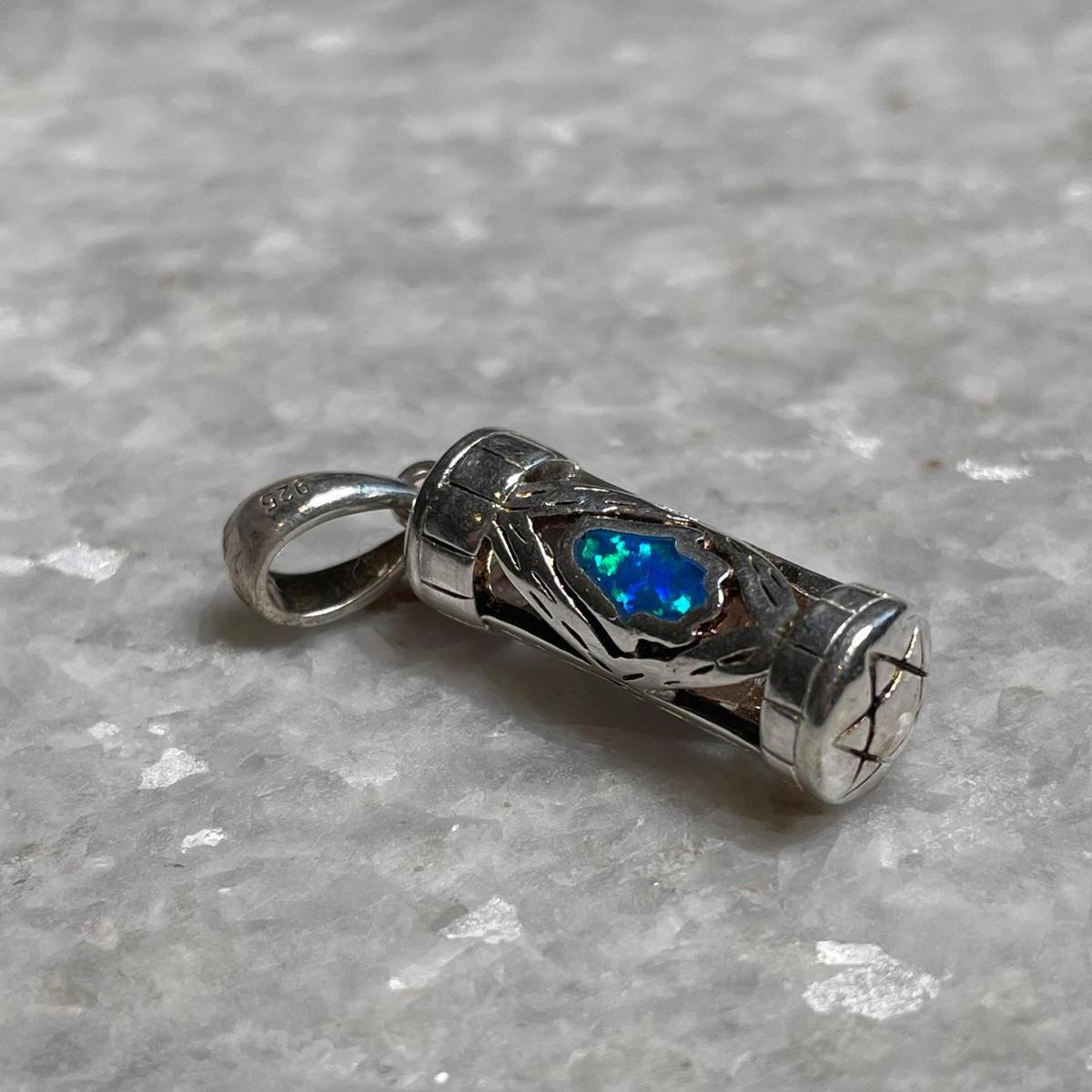 Sterling Silver Mezuzah Pendant with Blue Opal and Star of David Design , opal necklace, jewish jewelry, bat mitzvah gift, silver necklace