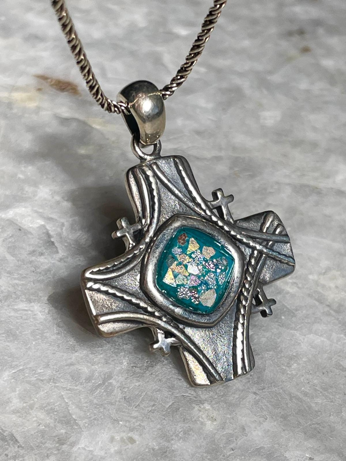 Jerusalem cross Sterling Silver Pendant with roman Glass, 925 silver , Christian gift, gift for her, Unissex , Jerusalem cross , Blessed
