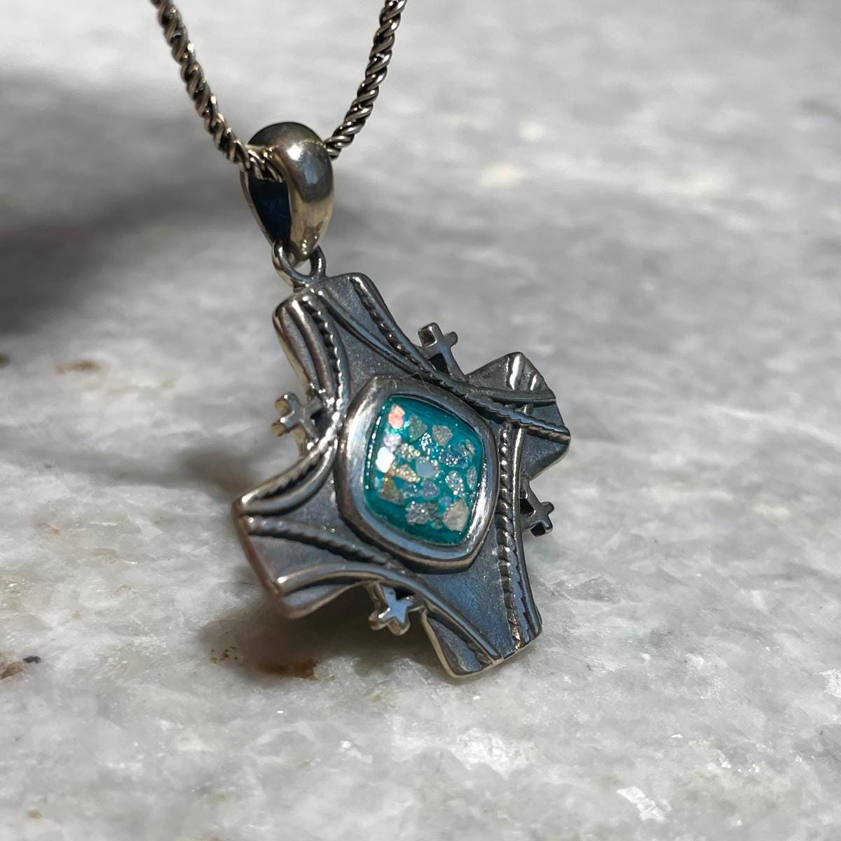 Jerusalem cross Sterling Silver Pendant with roman Glass, 925 silver , Christian gift, gift for her, Unissex , Jerusalem cross , Blessed