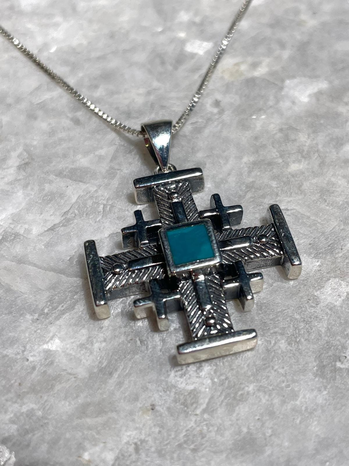 Jerusalem Cross Necklace With Eilat Stone, 925 silver, Silver Cross Necklace, Christian gift, Religious Gift, uniqe cross jewelry