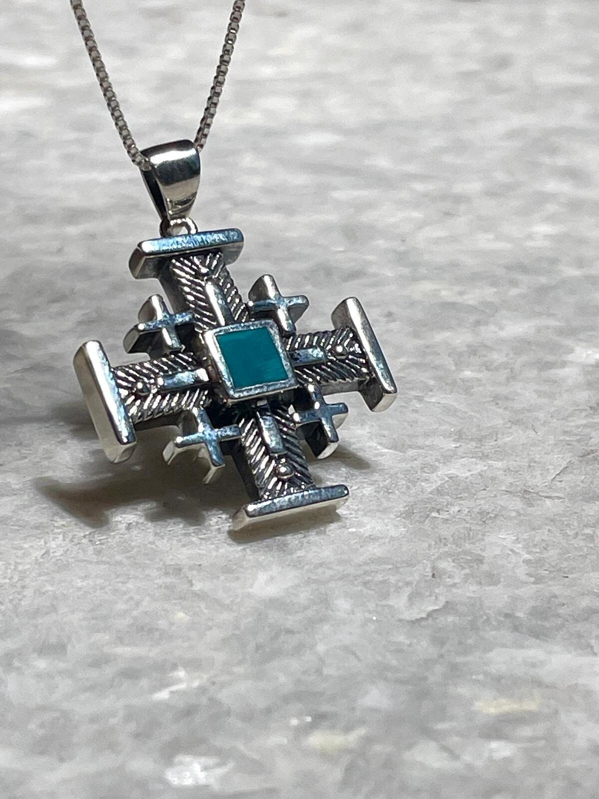Jerusalem Cross Necklace With Eilat Stone, 925 silver, Silver Cross Necklace, Christian gift, Religious Gift, uniqe cross jewelry