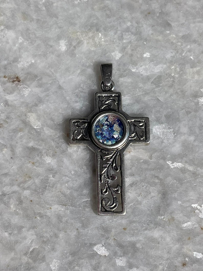 Cross Pendant with roman glass, 925 silver, christian gift, cross pendant, cross necklace, roman glass necklace, birthday unisex jewelry