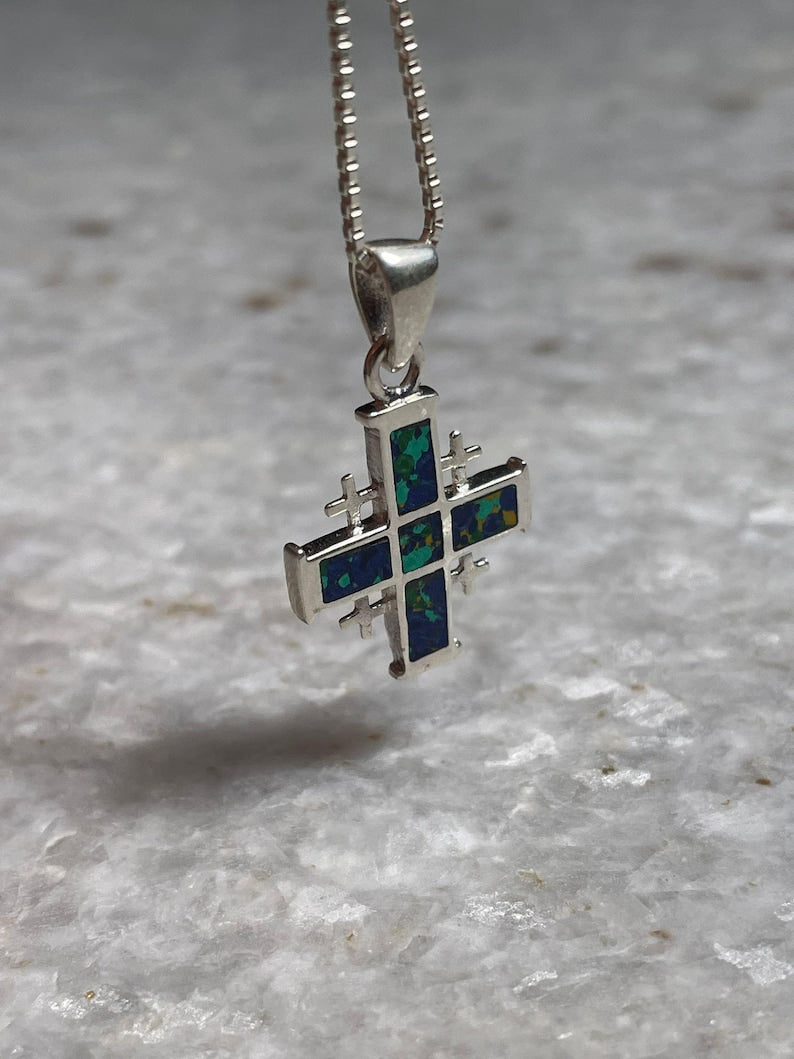 Jerusalem Cross Necklace, Eilat Stone Jewelry, 925 silver, Silver Cross Necklace, Christian gift, Religious Gift, gift for her, gift for him