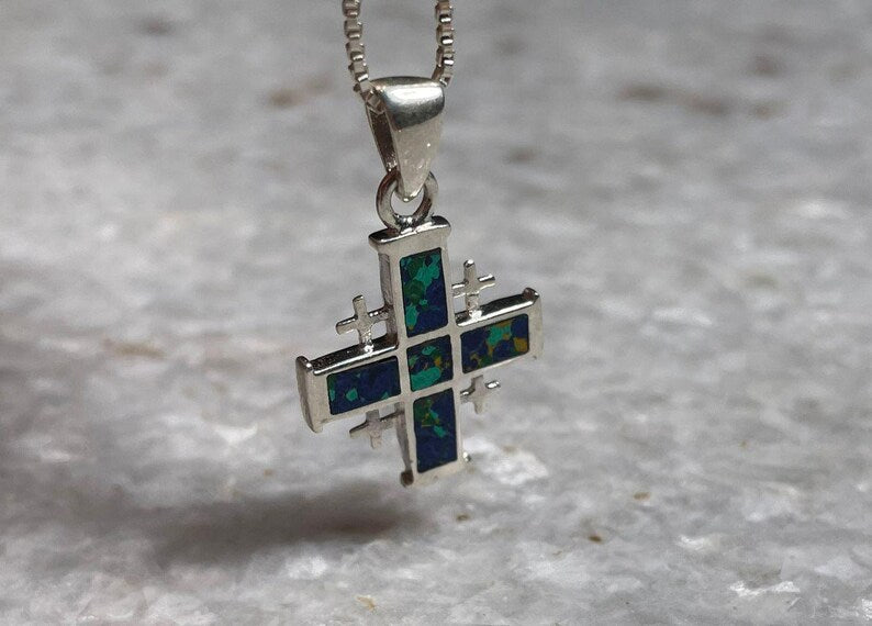 Jerusalem Cross Necklace, Eilat Stone Jewelry, 925 silver, Silver Cross Necklace, Christian gift, Religious Gift, gift for her, gift for him