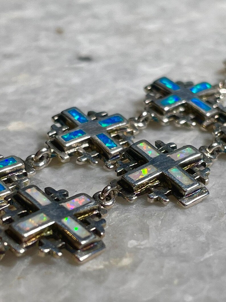 Jerusalem Cross Bracelets, blue opal Jewelry, 925 silver, Silver Cross Bracelets, Christian gift, Religious Gift, gift for her