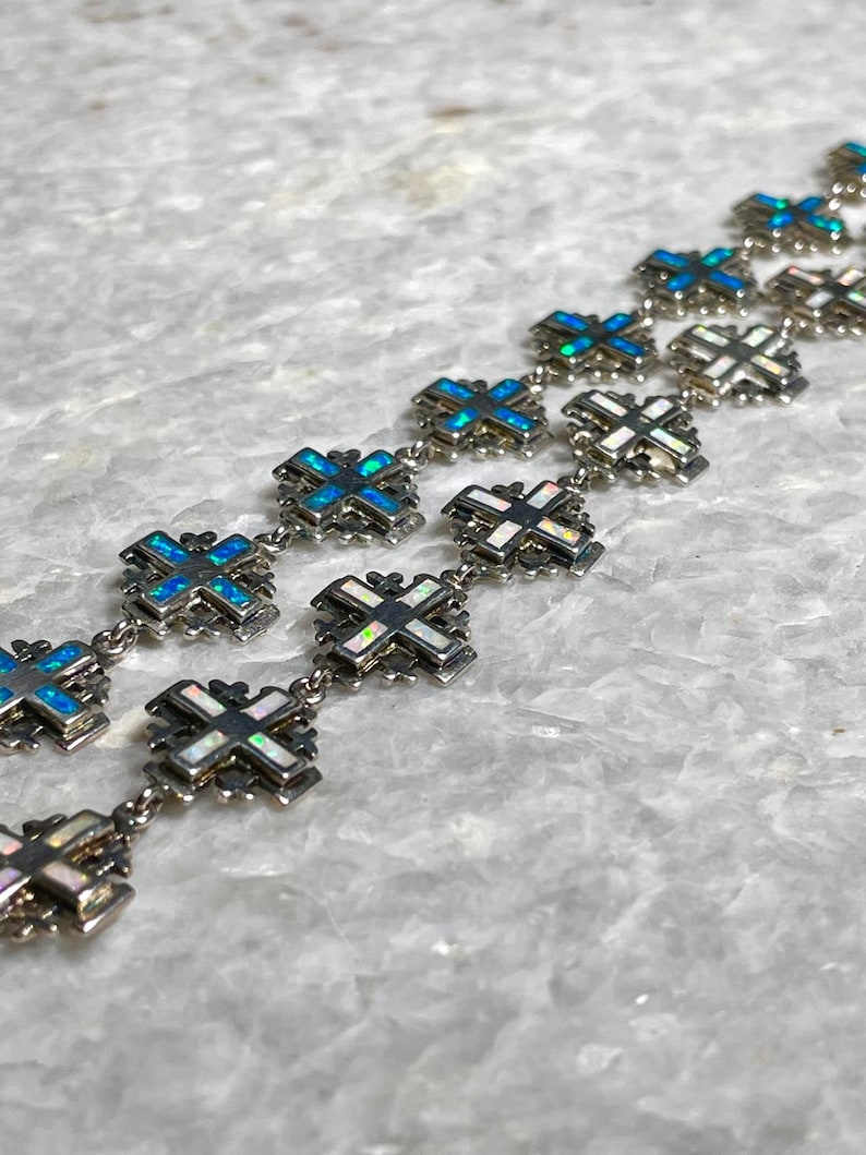 Jerusalem Cross Bracelets, blue opal Jewelry, 925 silver, Silver Cross Bracelets, Christian gift, Religious Gift, gift for her