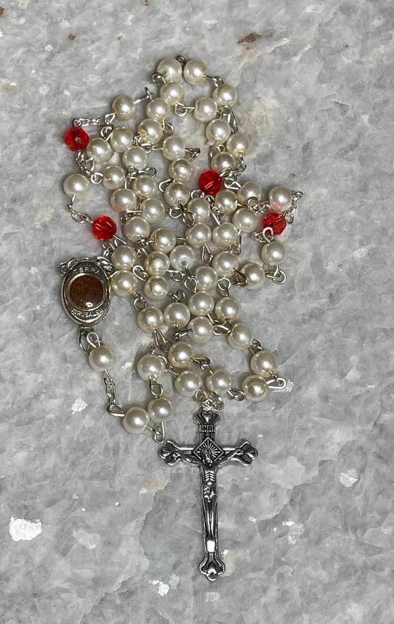 Pearl Rosary beads from The Holy Land with Crucifix, rosary beads pearl like, soil from the holy land, white rosary, Valentines Day gift