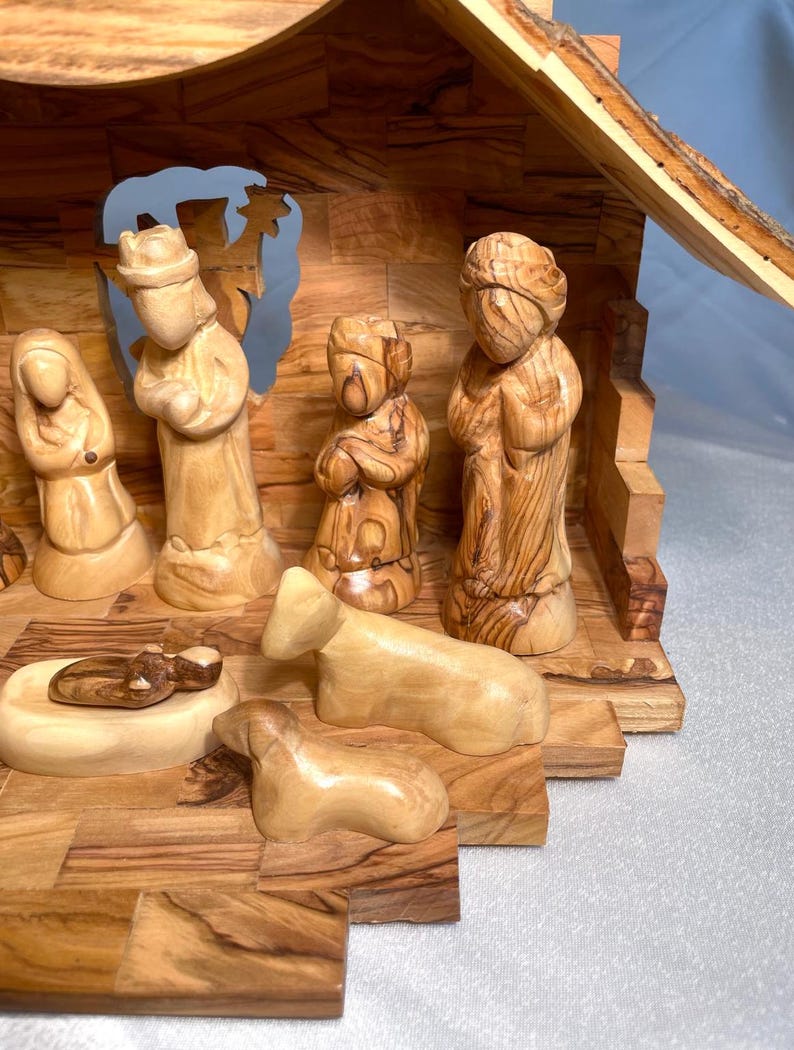 Nativity Scene In Cave Made of Olive Wood with Music Box, Hand Carved, Handmade olive wood, Christmas Decor, Gift for Christmas, music box