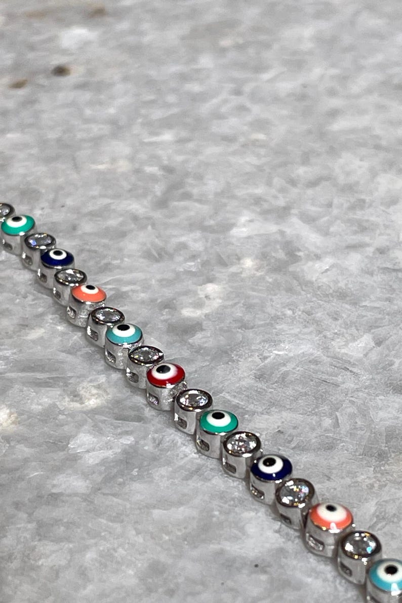 Silver Evil Eye Bracelet with Multicolor Enamel Beads and CZ Stones - Protection & Elegance, bat mitzvah gift, bar mitzvah gift, Evil Eye