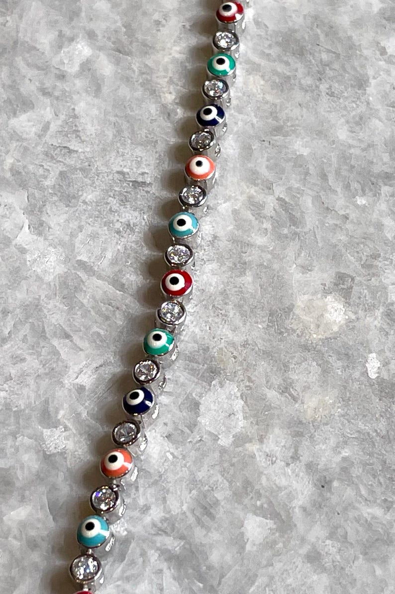 Silver Evil Eye Bracelet with Multicolor Enamel Beads and CZ Stones - Protection & Elegance, bat mitzvah gift, bar mitzvah gift, Evil Eye
