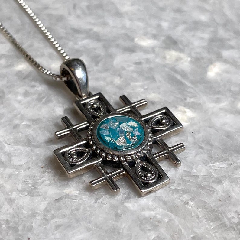 Jerusalem Cross Pendant with roman glass, 925 silver, christian gift, cross pendant, cross necklace, roman glass necklace, birthday jewelry