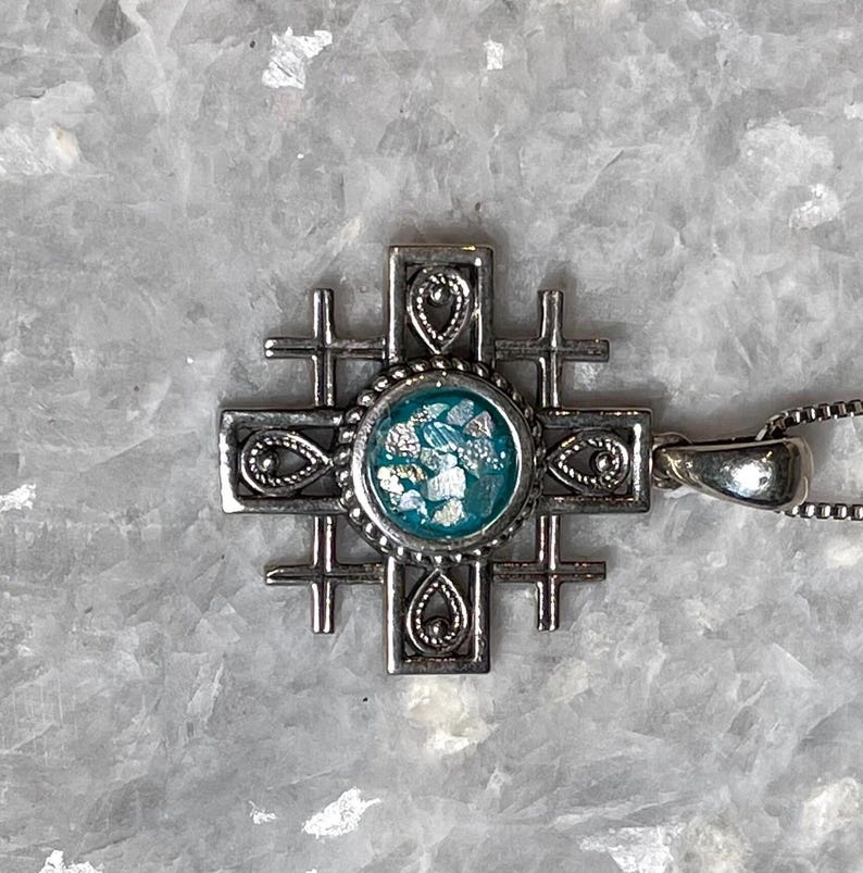 Jerusalem Cross Pendant with roman glass, 925 silver, christian gift, cross pendant, cross necklace, roman glass necklace, birthday jewelry