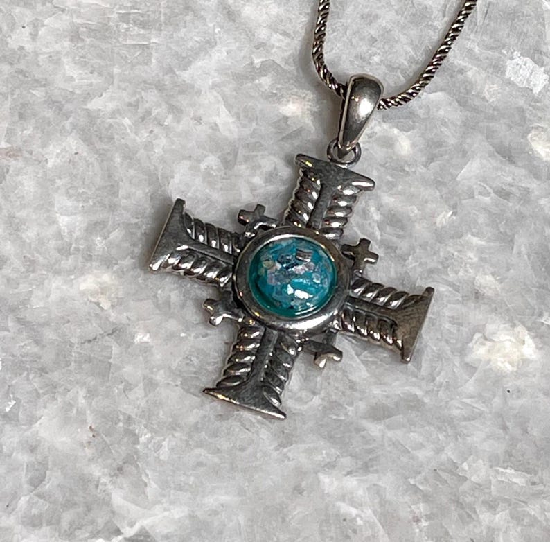 Cross Pendant with roman glass, 925 silver, christian gift, cross pendant, cross necklace, roman glass necklace, birthday unisex jewelry