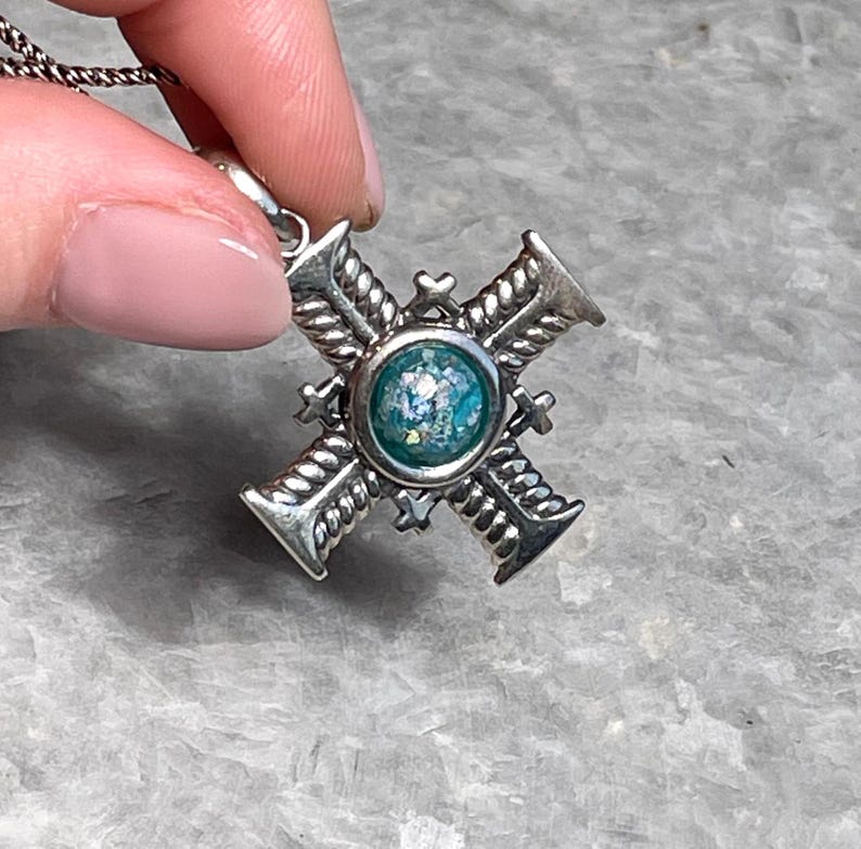 Cross Pendant with roman glass, 925 silver, christian gift, cross pendant, cross necklace, roman glass necklace, birthday unisex jewelry