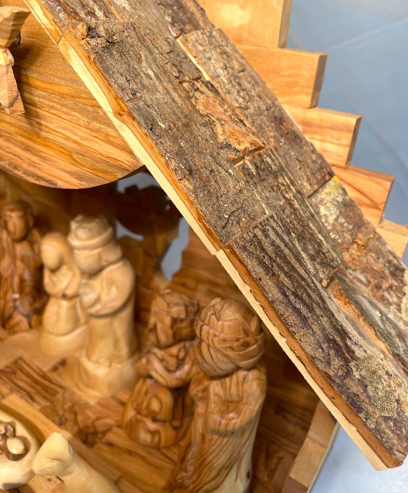 Nativity Scene In Cave Made of Olive Wood with Music Box, Hand Carved, Handmade olive wood, Christmas Decor, Gift for Christmas, music box