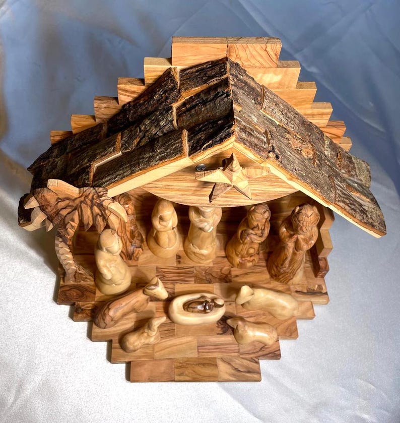 Nativity Scene In Cave Made of Olive Wood with Music Box, Hand Carved, Handmade olive wood, Christmas Decor, Gift for Christmas, music box