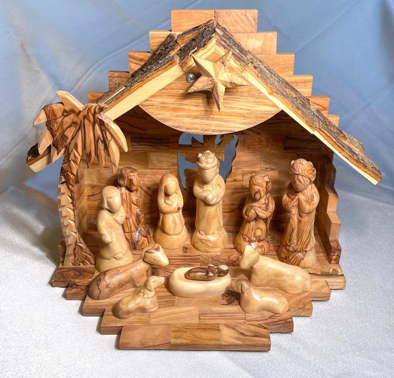 Nativity Scene In Cave Made of Olive Wood with Music Box, Hand Carved, Handmade olive wood, Christmas Decor, Gift for Christmas, music box