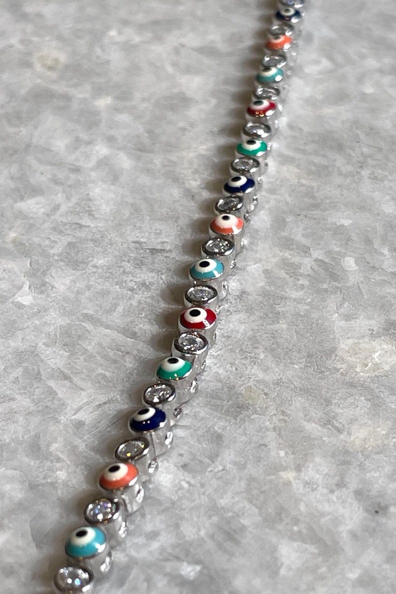 Silver Evil Eye Bracelet with Multicolor Enamel Beads and CZ Stones - Protection & Elegance, bat mitzvah gift, bar mitzvah gift, Evil Eye