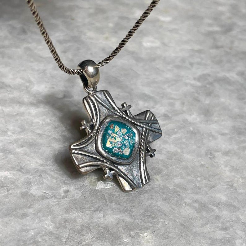 Jerusalem cross Sterling Silver Pendant with roman Glass, 925 silver , Christian gift, gift for her, Unissex , Jerusalem cross , Blessed