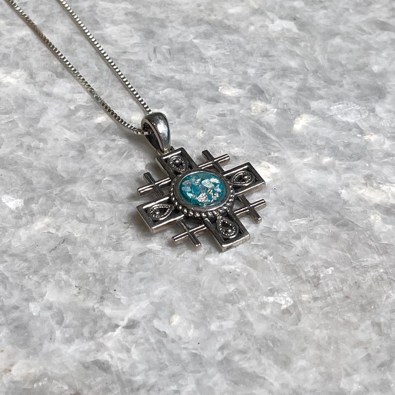 Jerusalem Cross Pendant with roman glass, 925 silver, christian gift, cross pendant, cross necklace, roman glass necklace, birthday jewelry