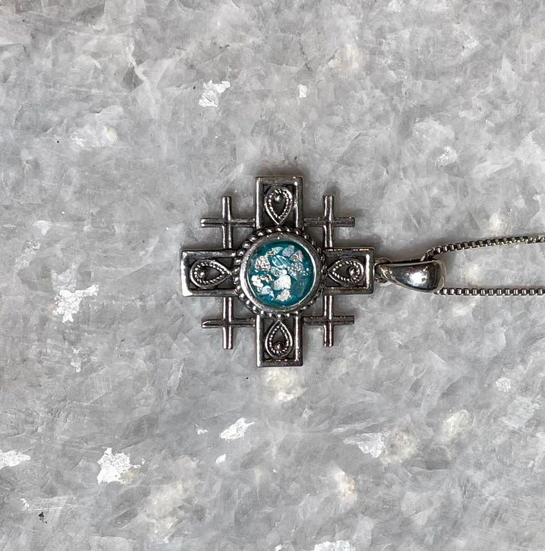 Jerusalem Cross Pendant with roman glass, 925 silver, christian gift, cross pendant, cross necklace, roman glass necklace, birthday jewelry